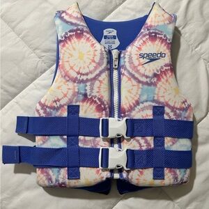 Speedo Kids Swim Vest - Multicolor Tie-Dye with Blue Straps size youth 50-90lbs